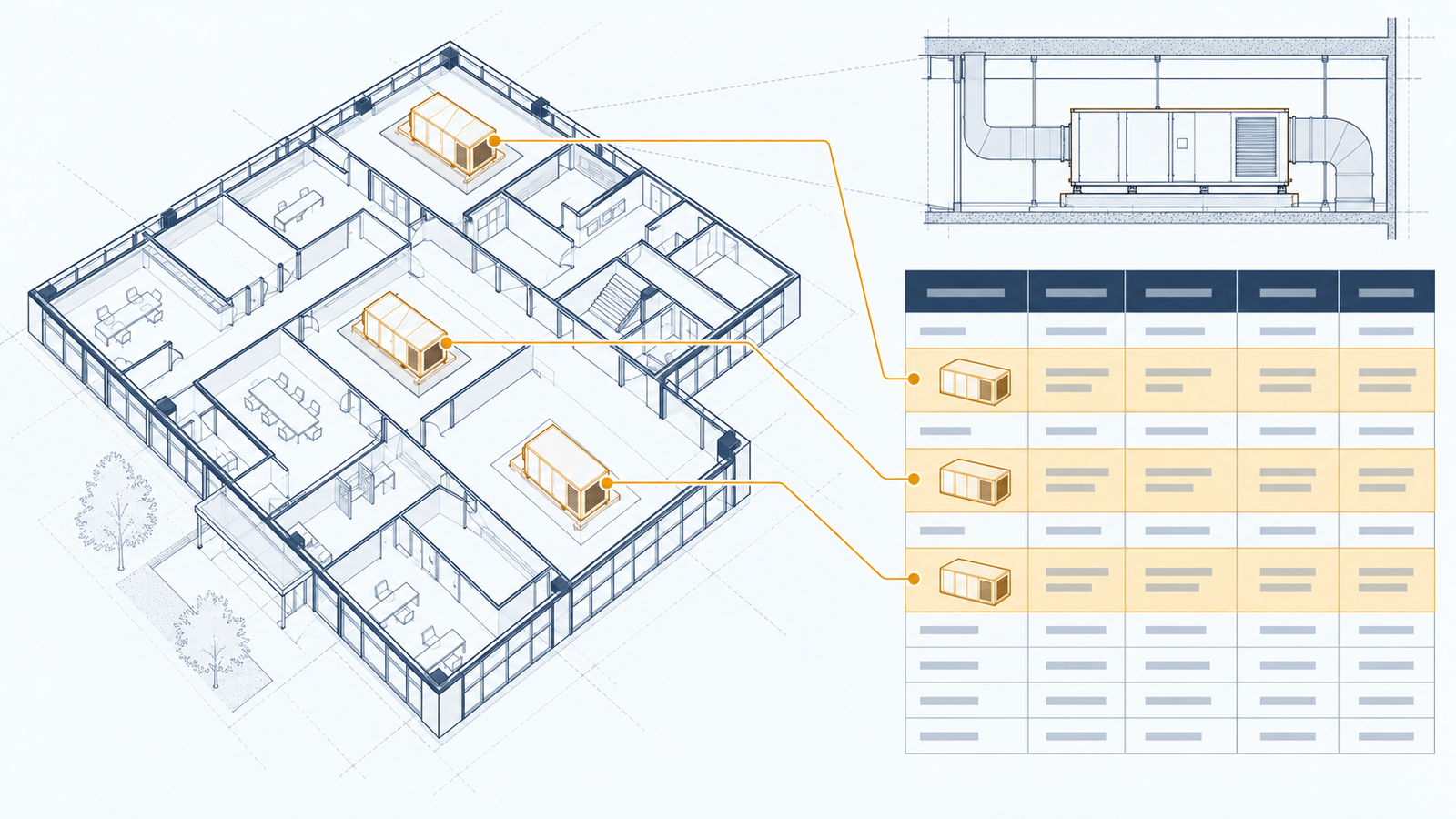 Conceptual illustration linking HVAC equipment on a CAD floor plan to equipment schedule rows.
