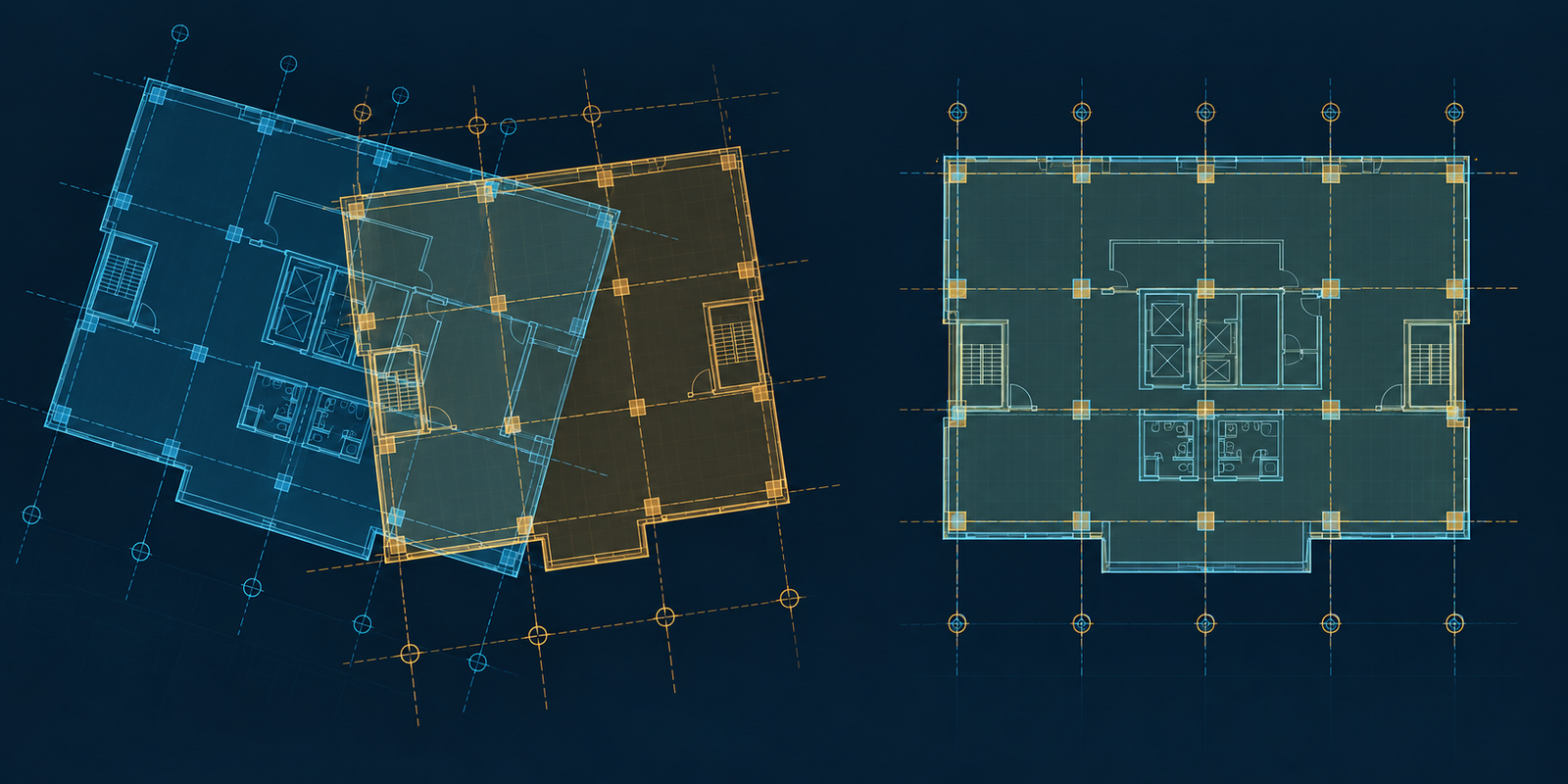 Conceptual CAD illustration comparing offset, rotated floor plans with aligned building grids.
