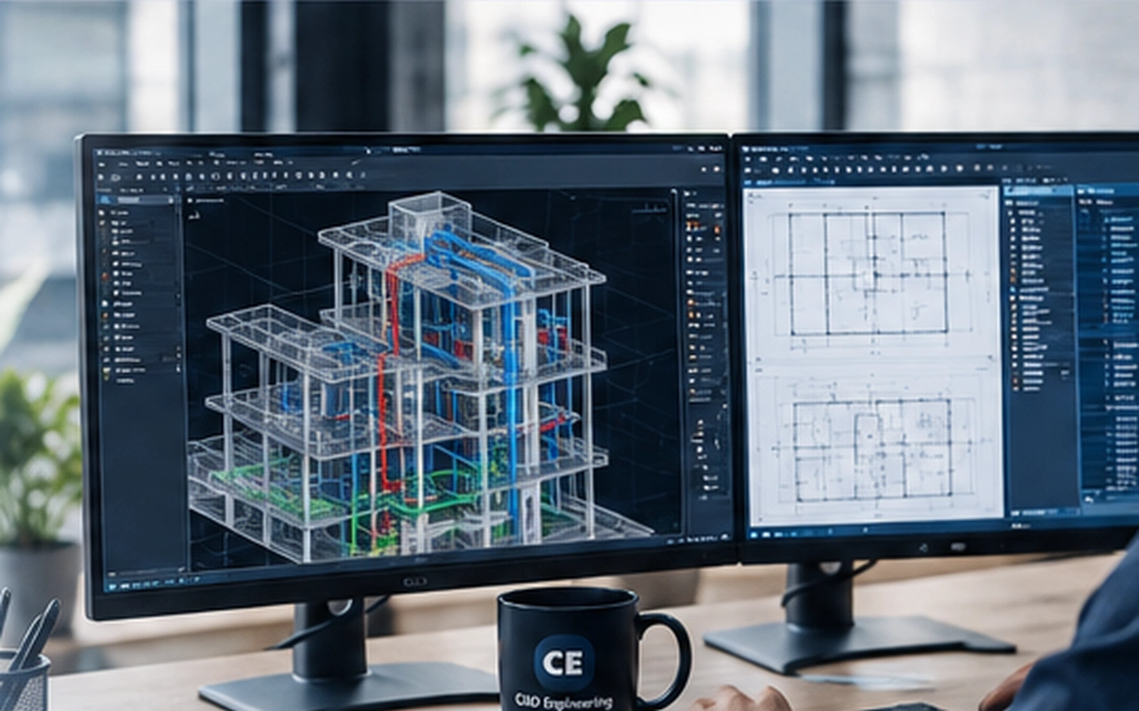 Engineer reviewing a CAD model on engineering workstations